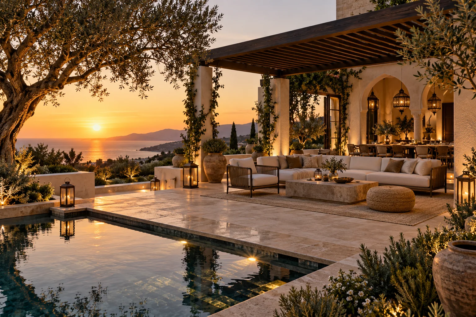 Terrasse contemporaine avec pergola et végétation