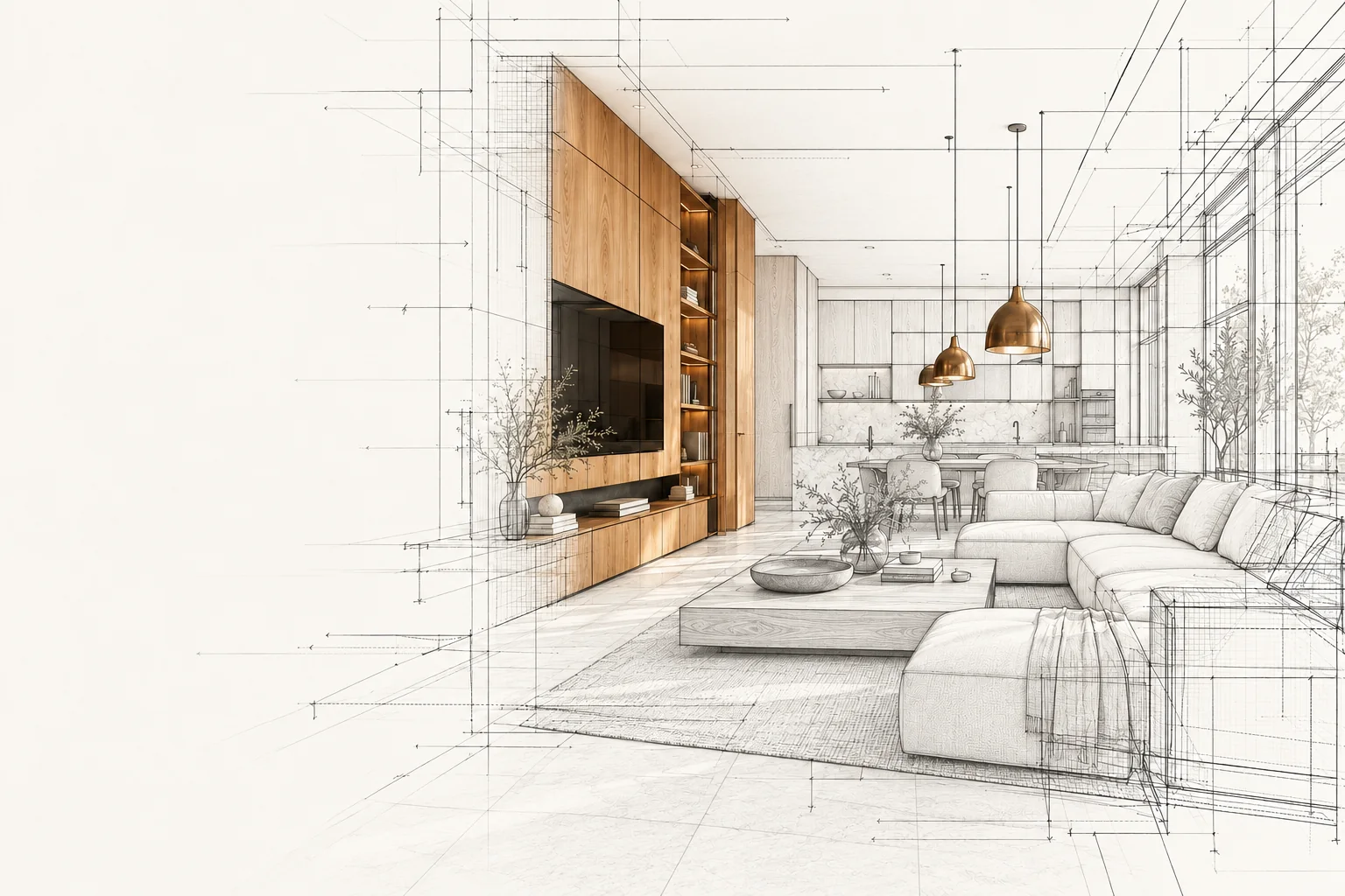 Intérieur en bois et pierre, mêlant dessin architectural et rendu réaliste