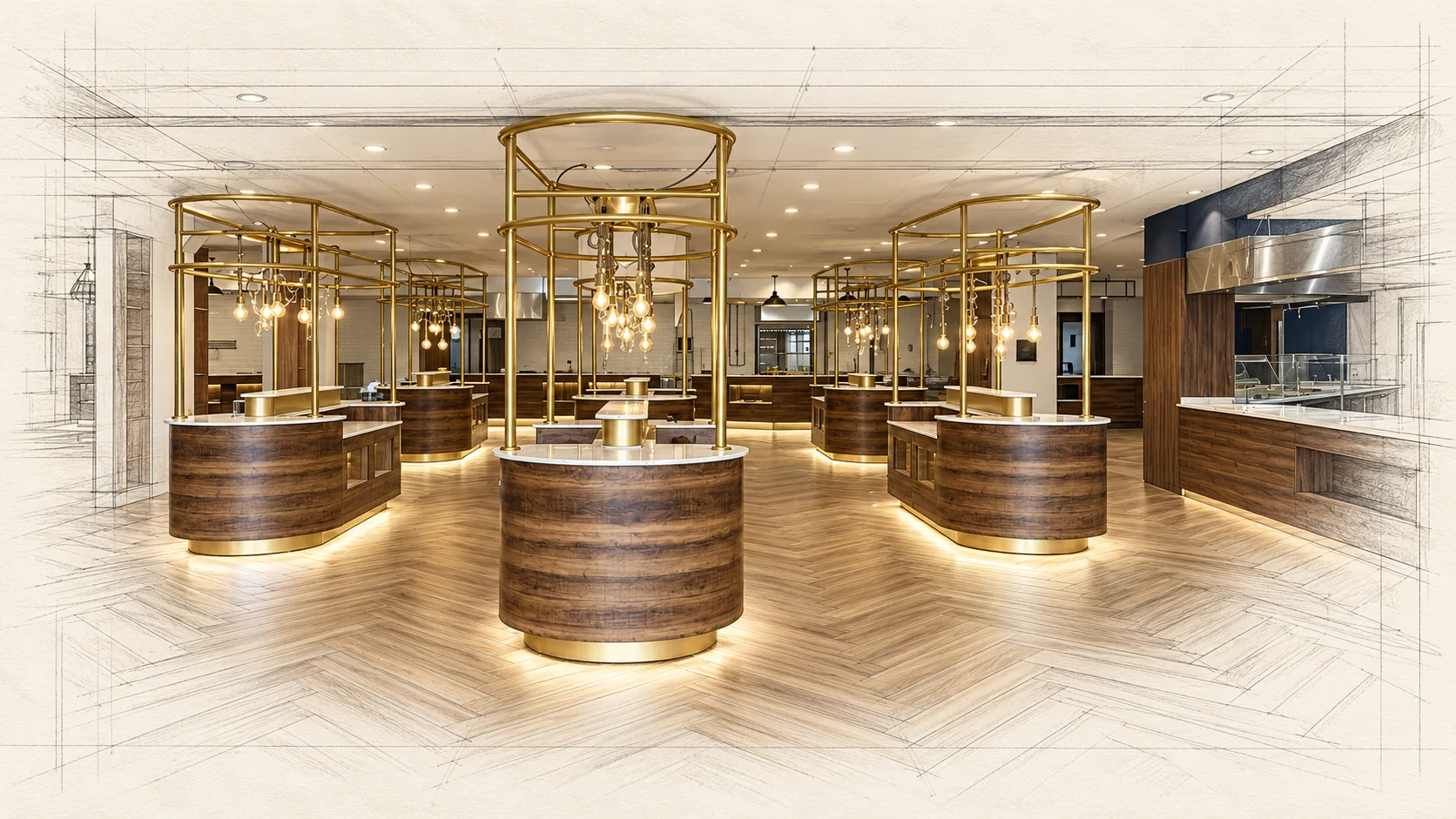 Photo du buffet retravaillée avec des traits de dessin architectural