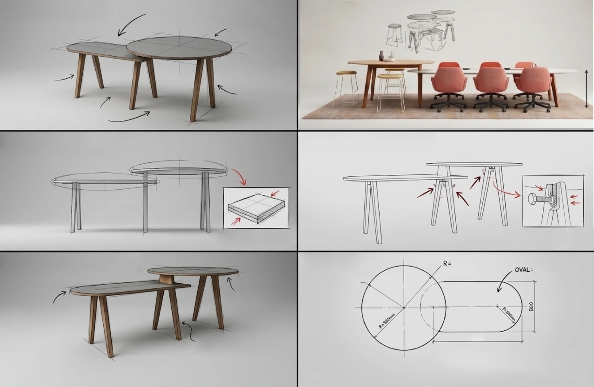 Planche de conception de tables modulaires, croquis et rendus
